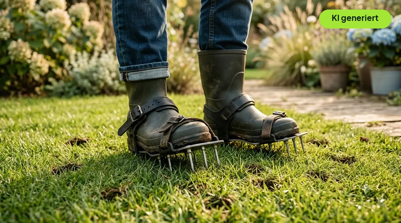 Aerifizier-Schuhe mit Spikes auf dem Rasen mit sichtbaren Löchern - einfaches Aerifizieren für den Familiengarten