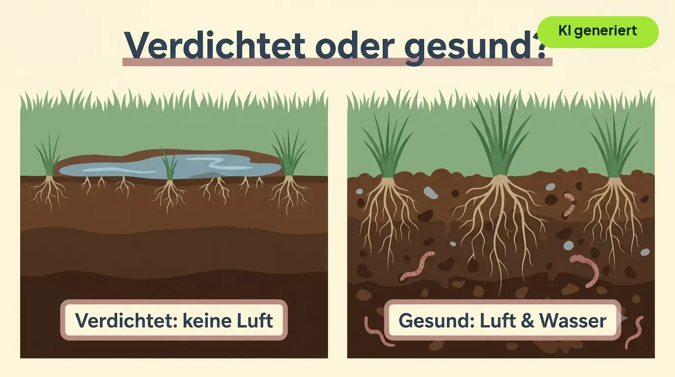 Infografik Bodenquerschnitt: verdichteter Boden mit kurzen Wurzeln neben gesundem lockerem Boden mit tiefen Wurzeln