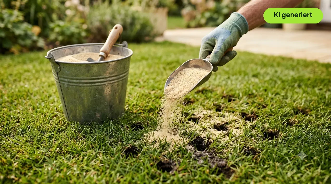 Feiner Quarzsand wird über den aerifizierten Rasen verteilt und rieselt in die Löcher - Rasen sanden