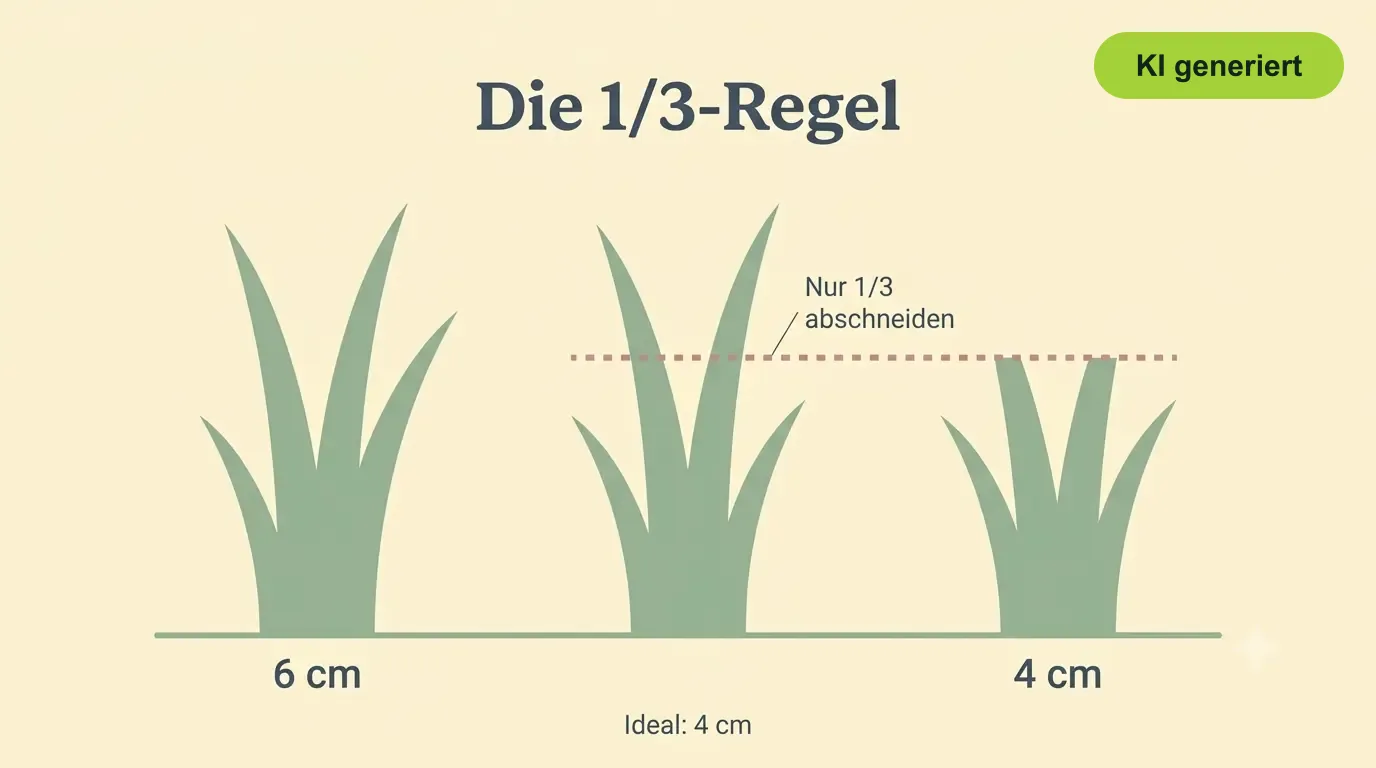Infografik zur 1/3-Regel beim Rasenmähen: Nie mehr als ein Drittel der Halmlänge abschneiden, ideale Schnitthöhe 4 cm