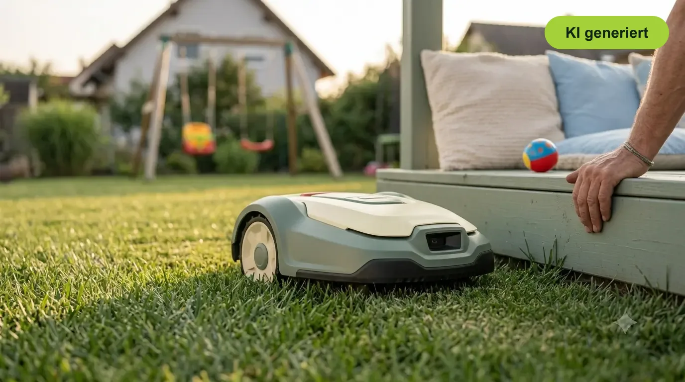 Mähroboter mäht Rasen im Familiengarten, im Hintergrund Schaukel und Spielball - Mähroboter mit festen Mähzeiten