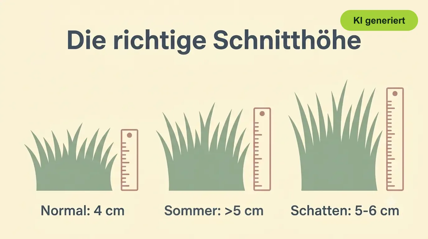 Infografik Schnitthöhe Rasen: 4 cm normal, 5 cm im Sommer, 5-6 cm im Schatten