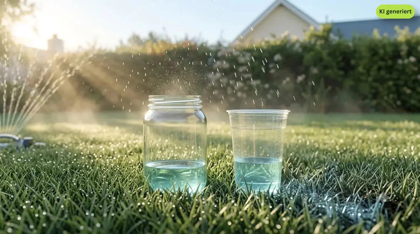 Becher auf dem Rasen fängt Sprengerwasser auf und zeigt 2 cm Füllstand - der Joghurtbecher-Trick zur Wassermenge