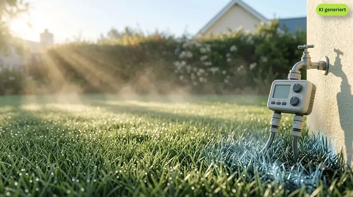 Taufrischer Rasen im frühen Morgenlicht mit Bewässerungs-Zeitschaltuhr am Wasserhahn - beste Uhrzeit zum Rasenwässern