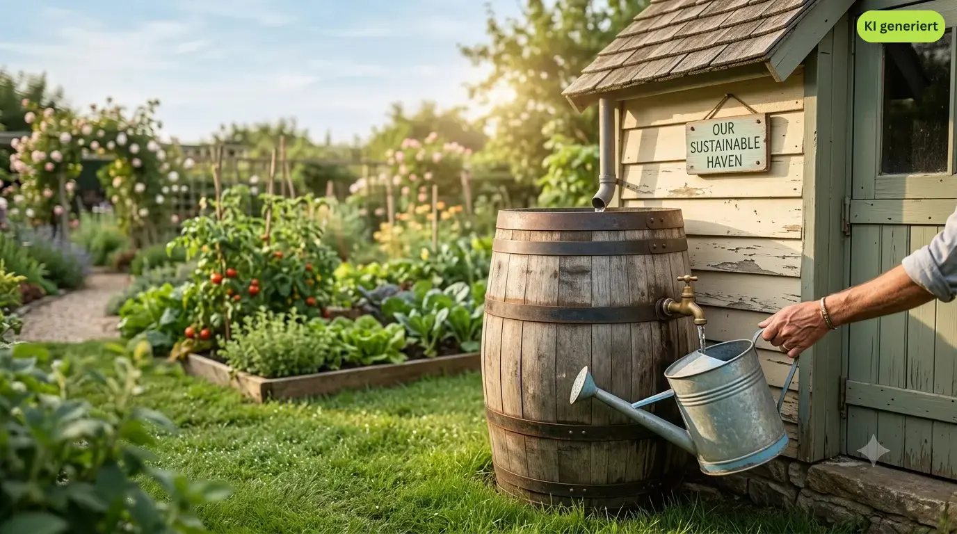Gießkanne wird an einer Regentonne am Gartenhaus befüllt - Wassersparen bei der Rasenbewässerung