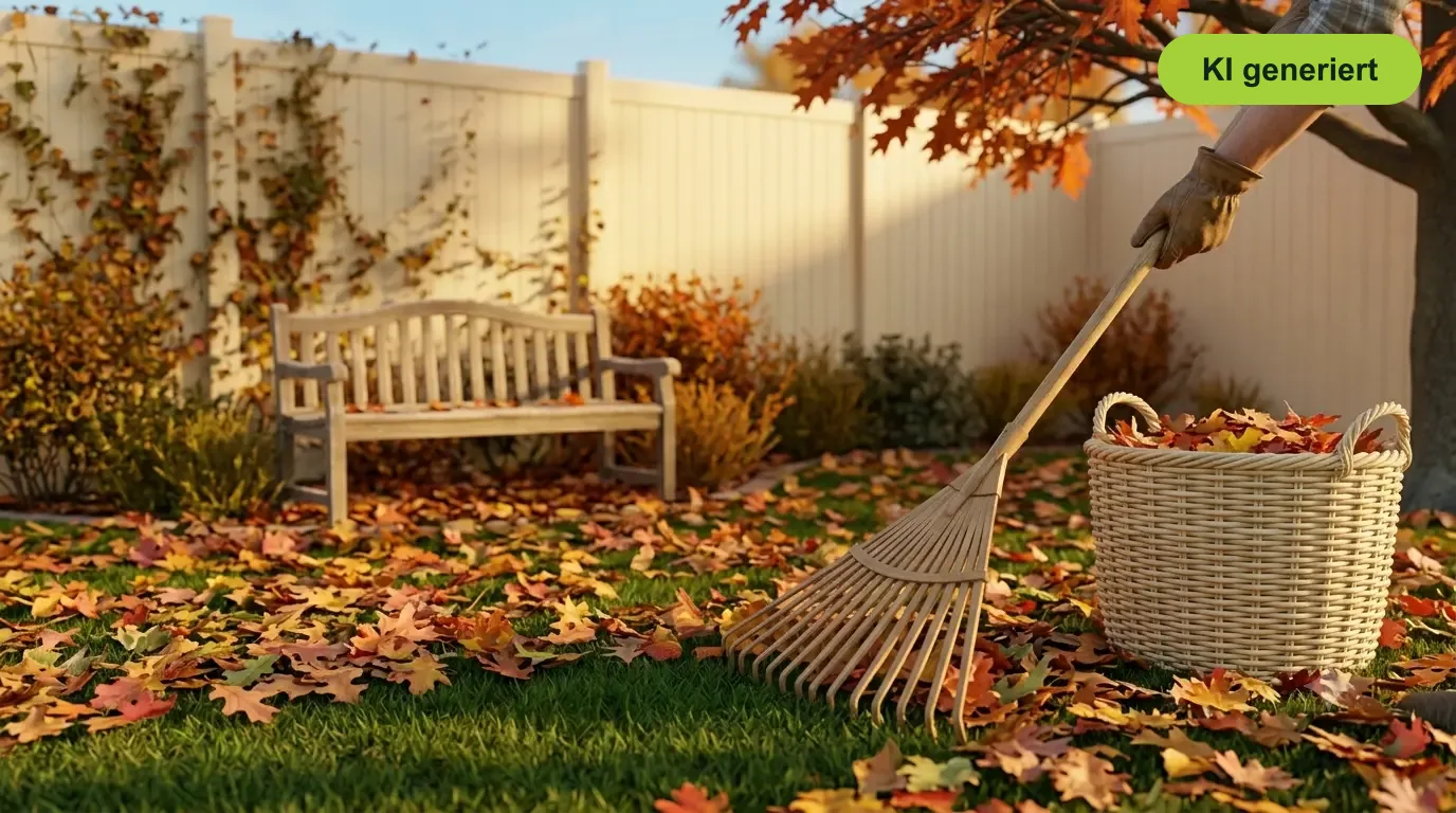 Rechen entfernt buntes Herbstlaub vom grünen Rasen - Laub entfernen im Oktober
