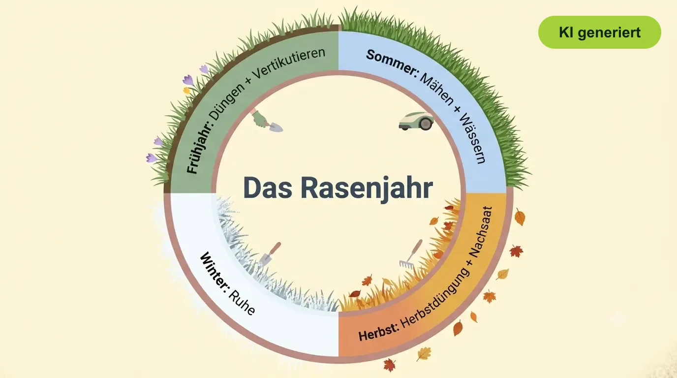 Kreisförmige Infografik: Das Rasenjahr mit den Hauptaufgaben in Frühjahr, Sommer, Herbst und Winter