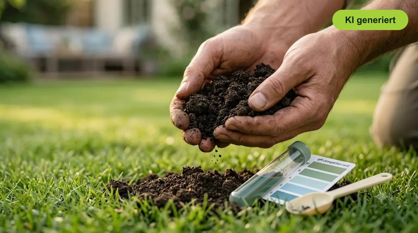 Hände prüfen Gartenboden mit Fingerprobe über dem Rasen, daneben pH-Testset - Bodenart bestimmen für die Rasenpflege