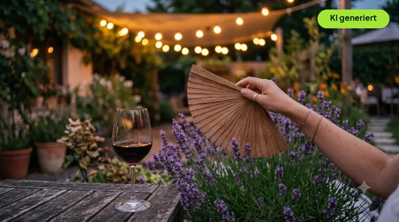 Abendliche Terrasse mit blühendem Lavendel, dessen Duft aktiviert wird