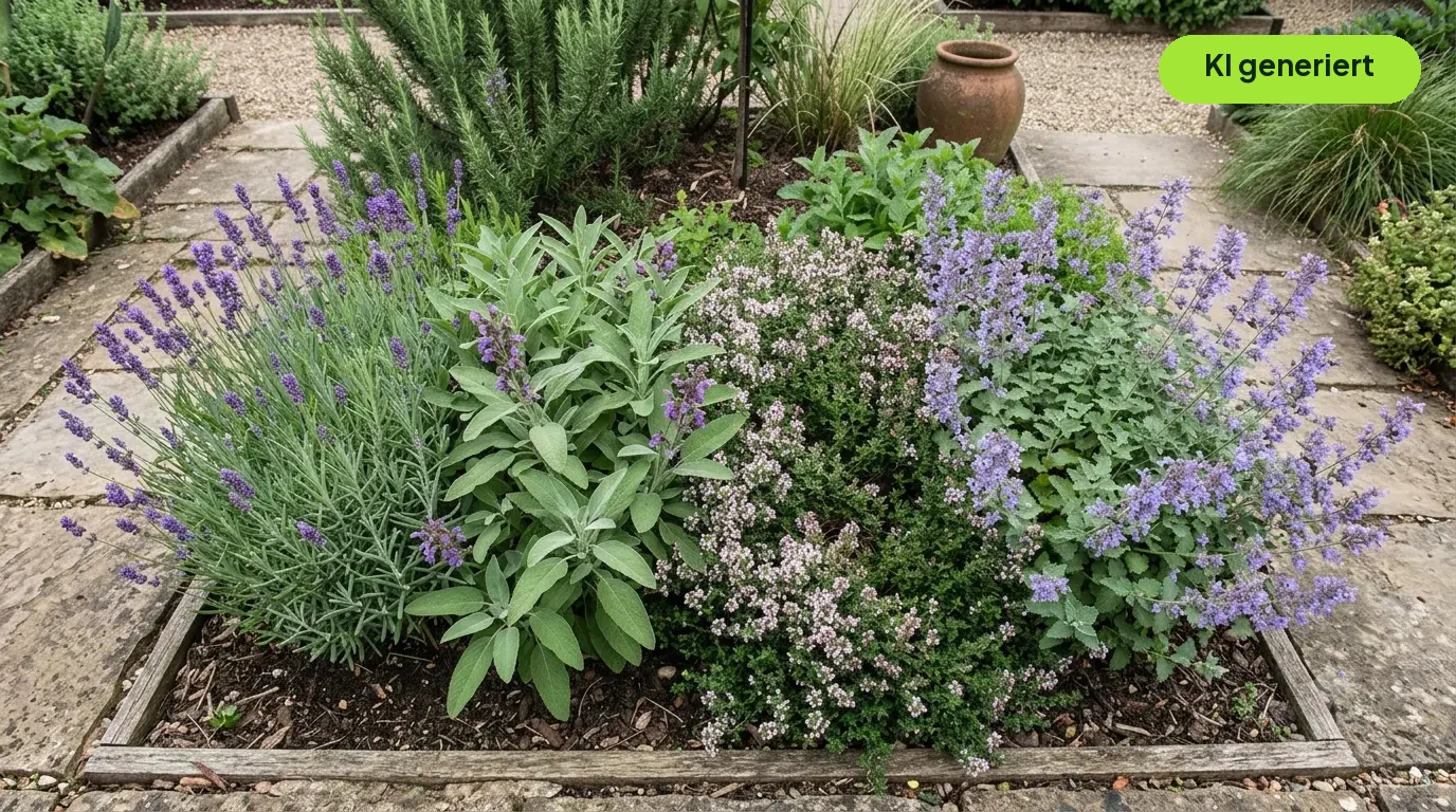 Lavendel im Beet neben Salbei, Thymian und Katzenminze als gut verträgliche Nachbarpflanzen