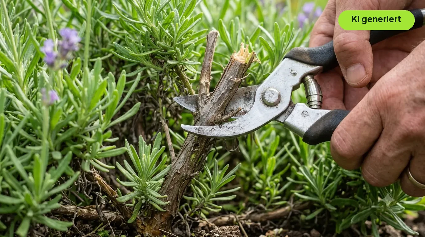 Hand schneidet Lavendel auf die richtige Schnitthöhe oberhalb des verholzten Bereichs