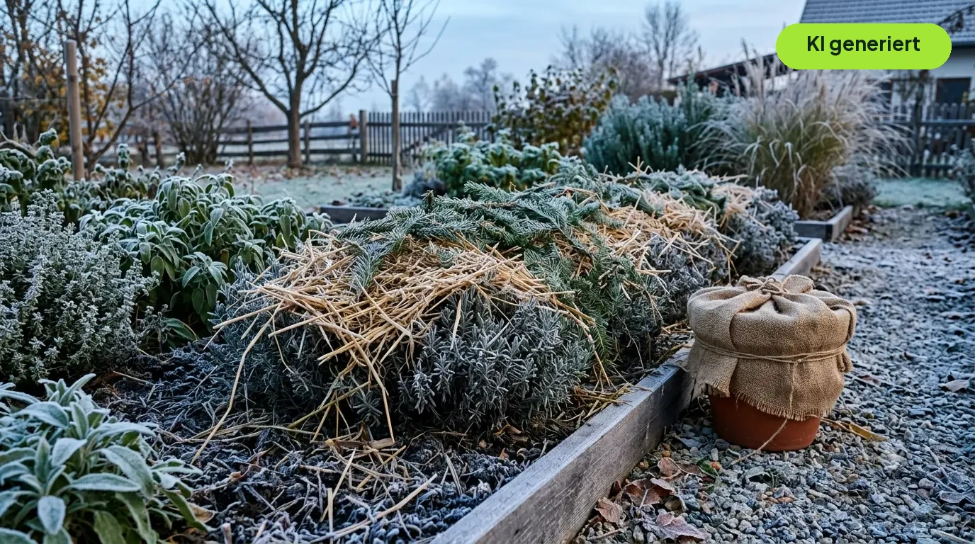 Mulchschicht aus Laub und Reisig schützt Lavendel im Beet über den Winter