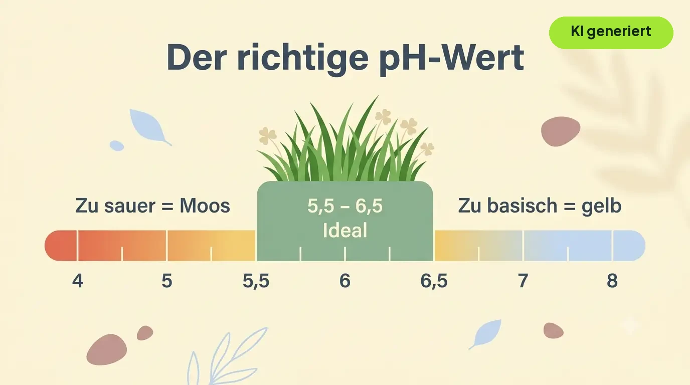 Infografik: Die pH-Skala für Rasen von 4 bis 8, idealer Bereich 5,5 bis 6,5, zu sauer bedeutet Moos, zu basisch gelber Rasen