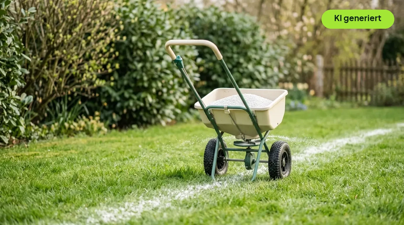 Streuwagen verteilt weißen Rasenkalk auf grünem Rasen im Frühjahr