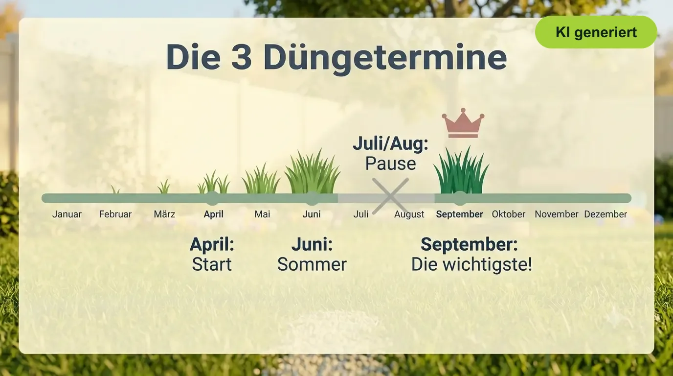 Infografik: Die 3 Düngetermine für den Rasen - April, Juni und die wichtigste Düngung im September