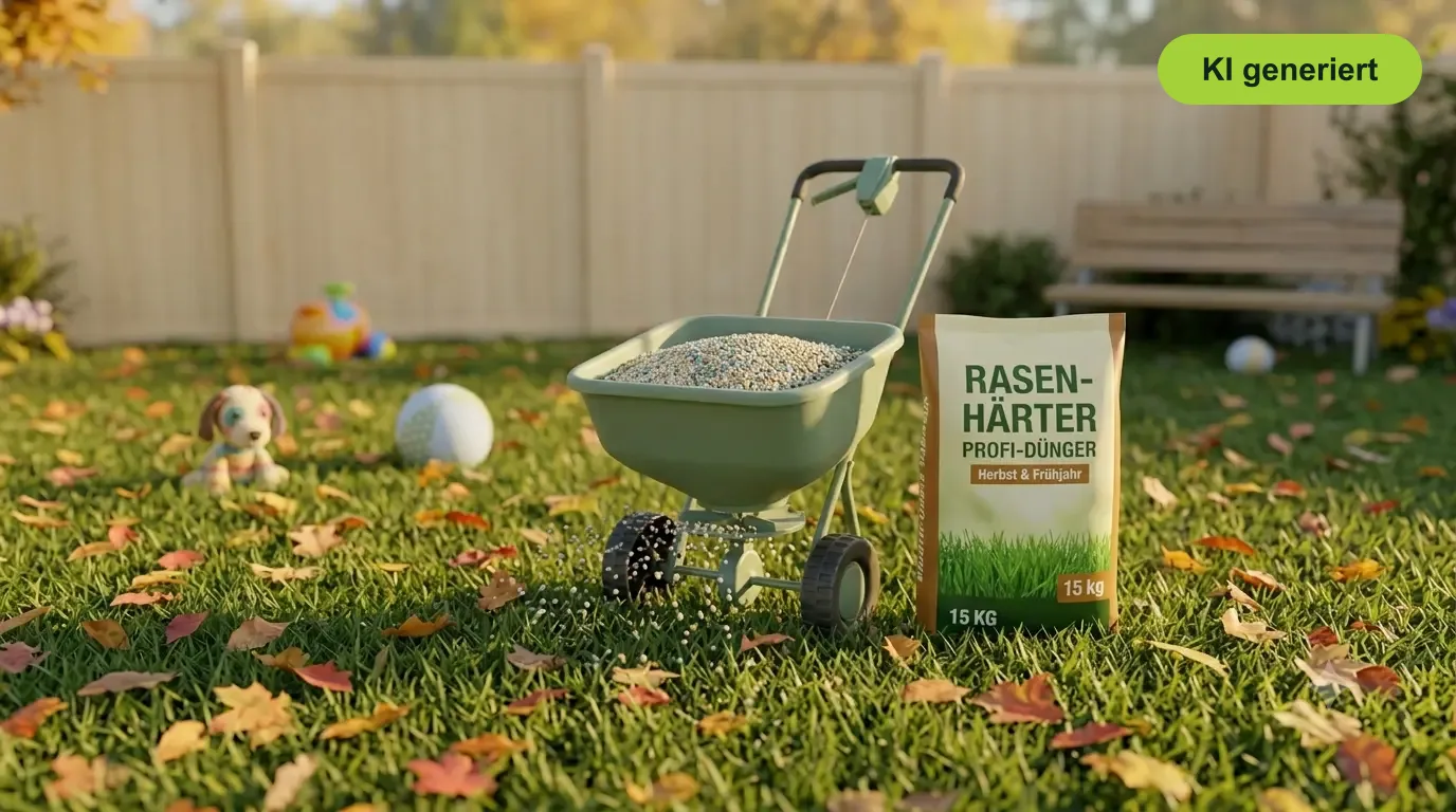 Streuwagen mit Herbstdünger auf dem Rasen zwischen ersten Herbstblättern - kaliumbetonte Herbstdüngung im September
