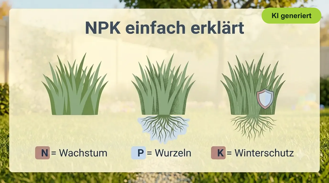 Infografik NPK beim Rasendünger: Stickstoff für Wachstum, Phosphor für Wurzeln, Kalium für Winterschutz