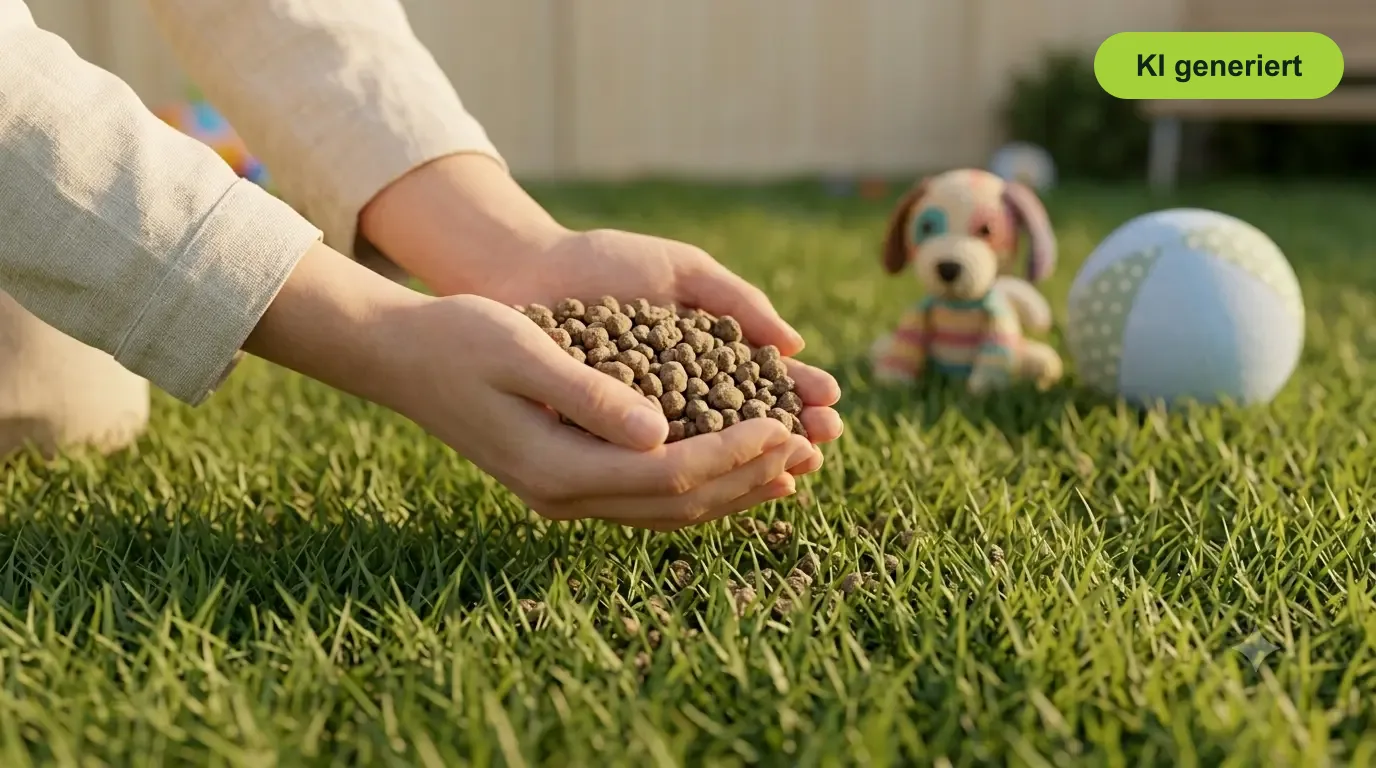 Hände halten organischen Rasendünger, im Hintergrund Spielball und Hundespielzeug - kinder- und haustierfreundlich düngen