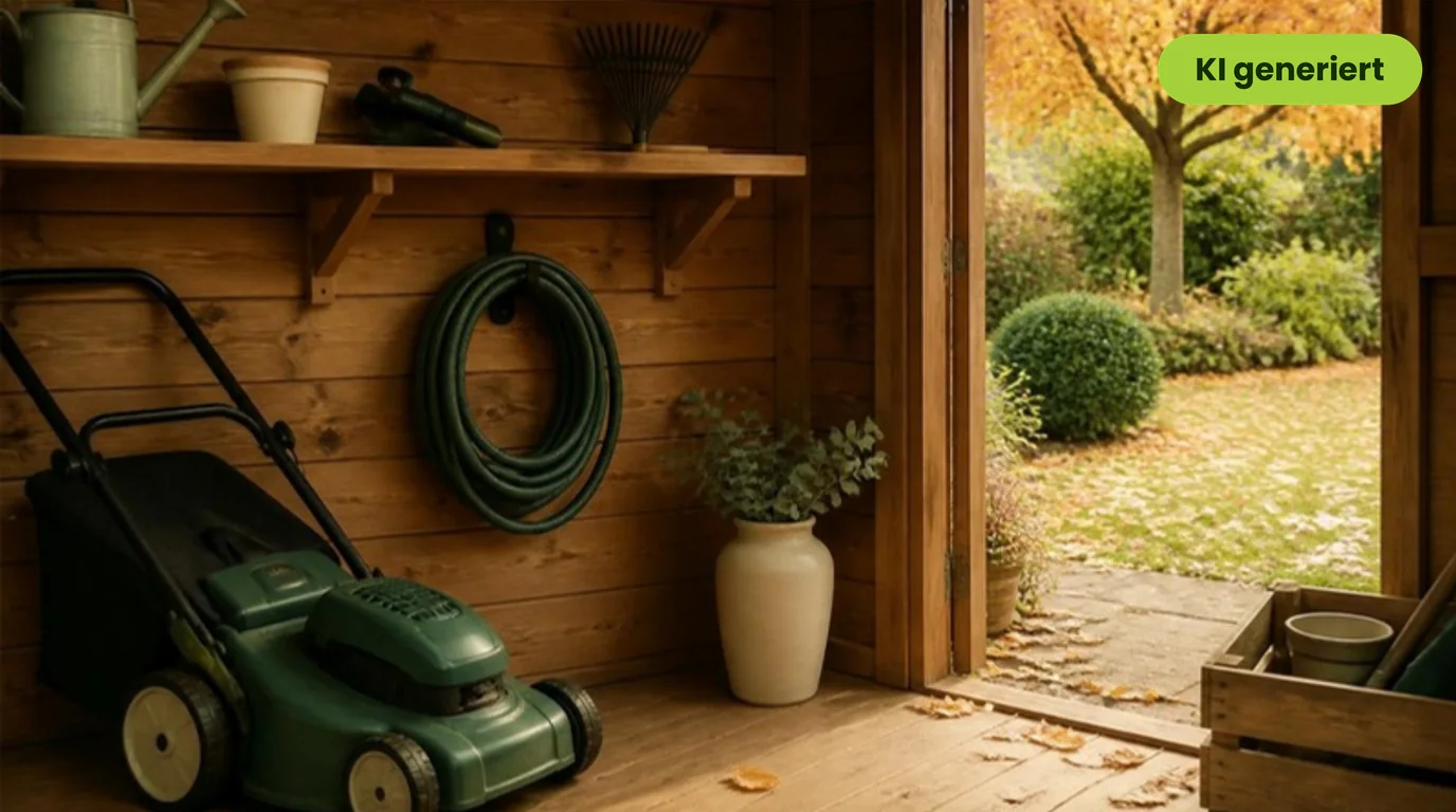 Sauberer Rasenmäher und aufgerollter Gartenschlauch in einem aufgeräumten Gartenschuppen im Herbst