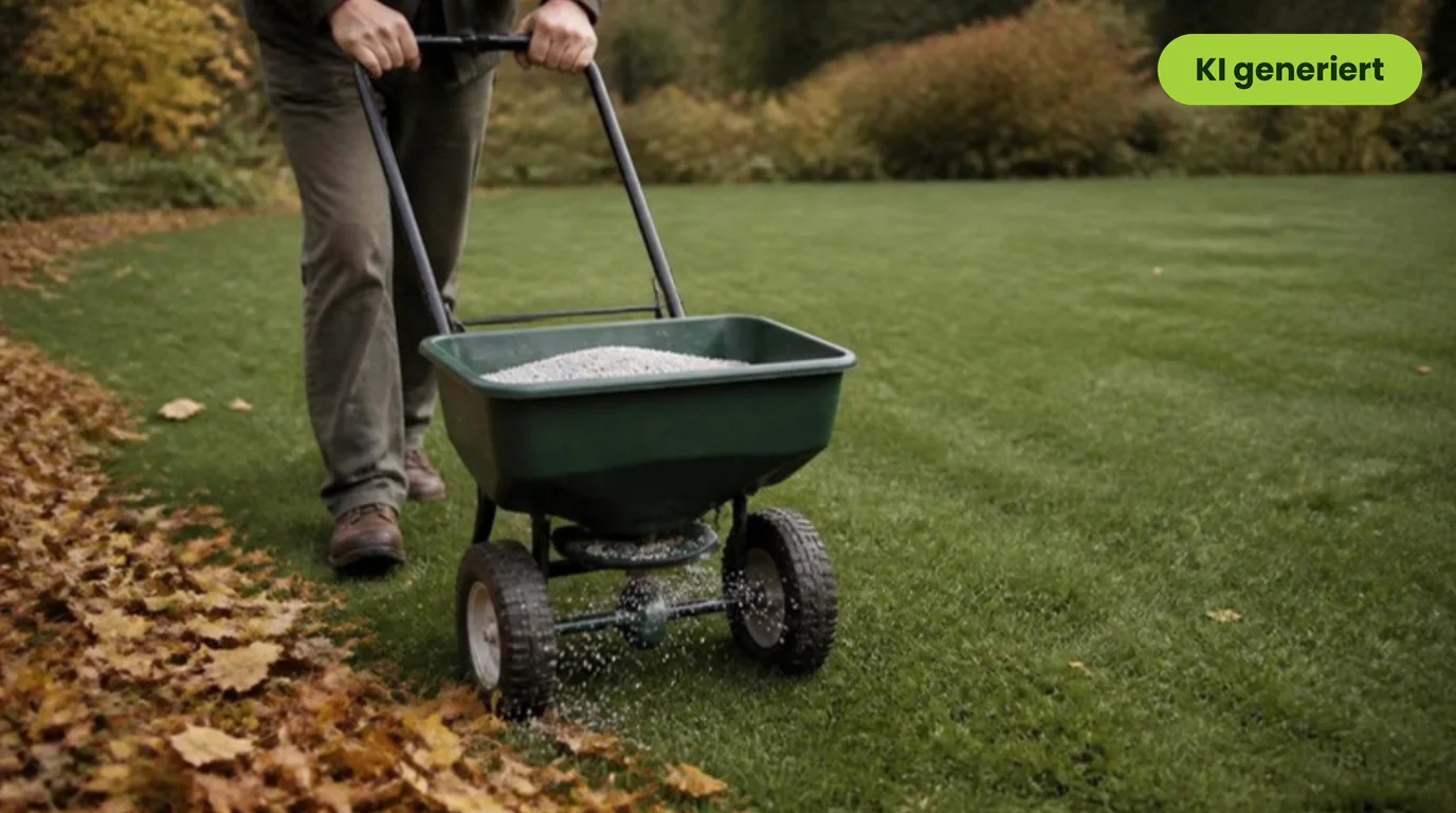 Streuwagen mit Herbstdünger auf grünem Rasen, am Rand liegt Herbstlaub