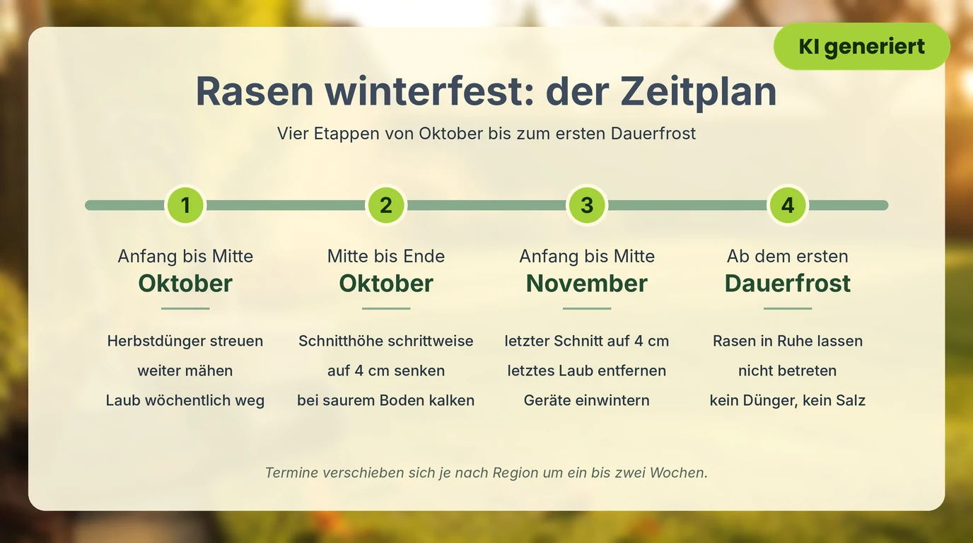 Infografik: Zeitplan zum Rasen winterfest machen in vier Etappen von Anfang Oktober bis zum ersten Dauerfrost