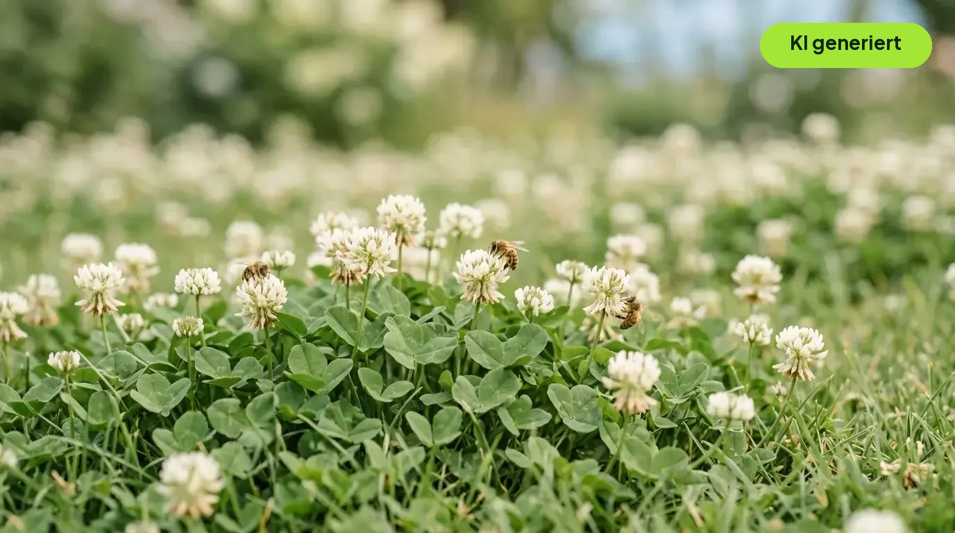 Weißklee breitet sich teppichartig im Rasen aus, Bienen sitzen an den Blüten
