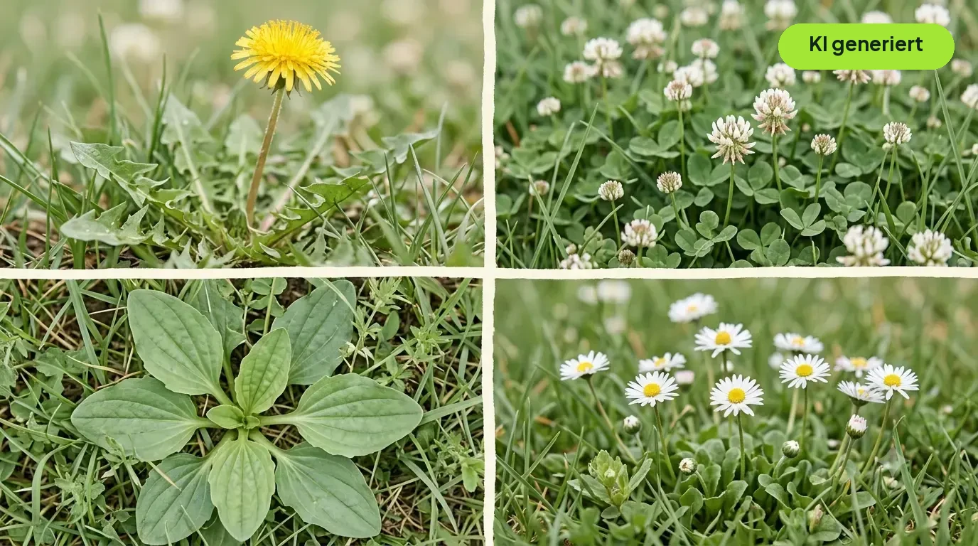 Collage aus vier häufigen Rasenunkräutern: Löwenzahn, Weißklee, Breitwegerich und Gänseblümchen