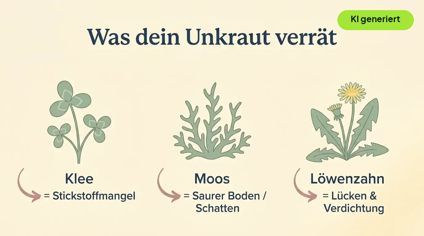 Infografik: Was dein Unkraut verrät - Klee zeigt Stickstoffmangel, Moos sauren Boden oder Schatten, Löwenzahn Lücken und Verdichtung