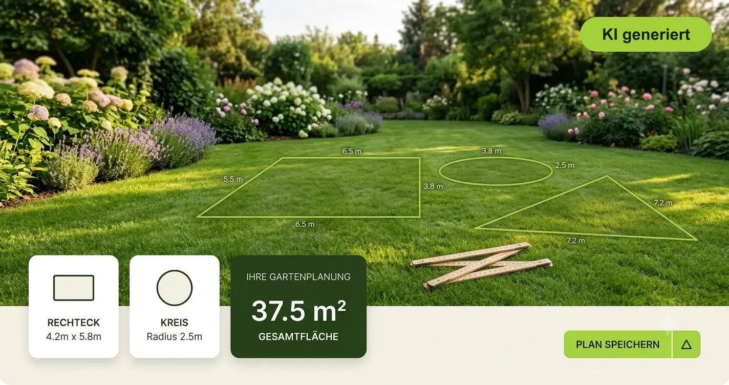 Gartenfläche mit eingezeichneten geometrischen Formen (Rechteck, Kreis, Dreieck) zur Berechnung der Gesamtfläche in Quadratmetern