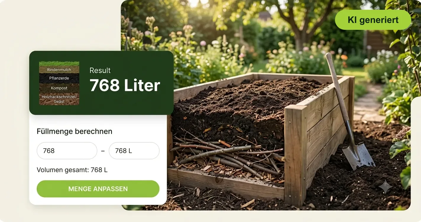 Frisch befülltes Hochbeet mit Schaufel im Garten, mit Rechner-Ergebnis für das benötigte Füllvolumen in Liter