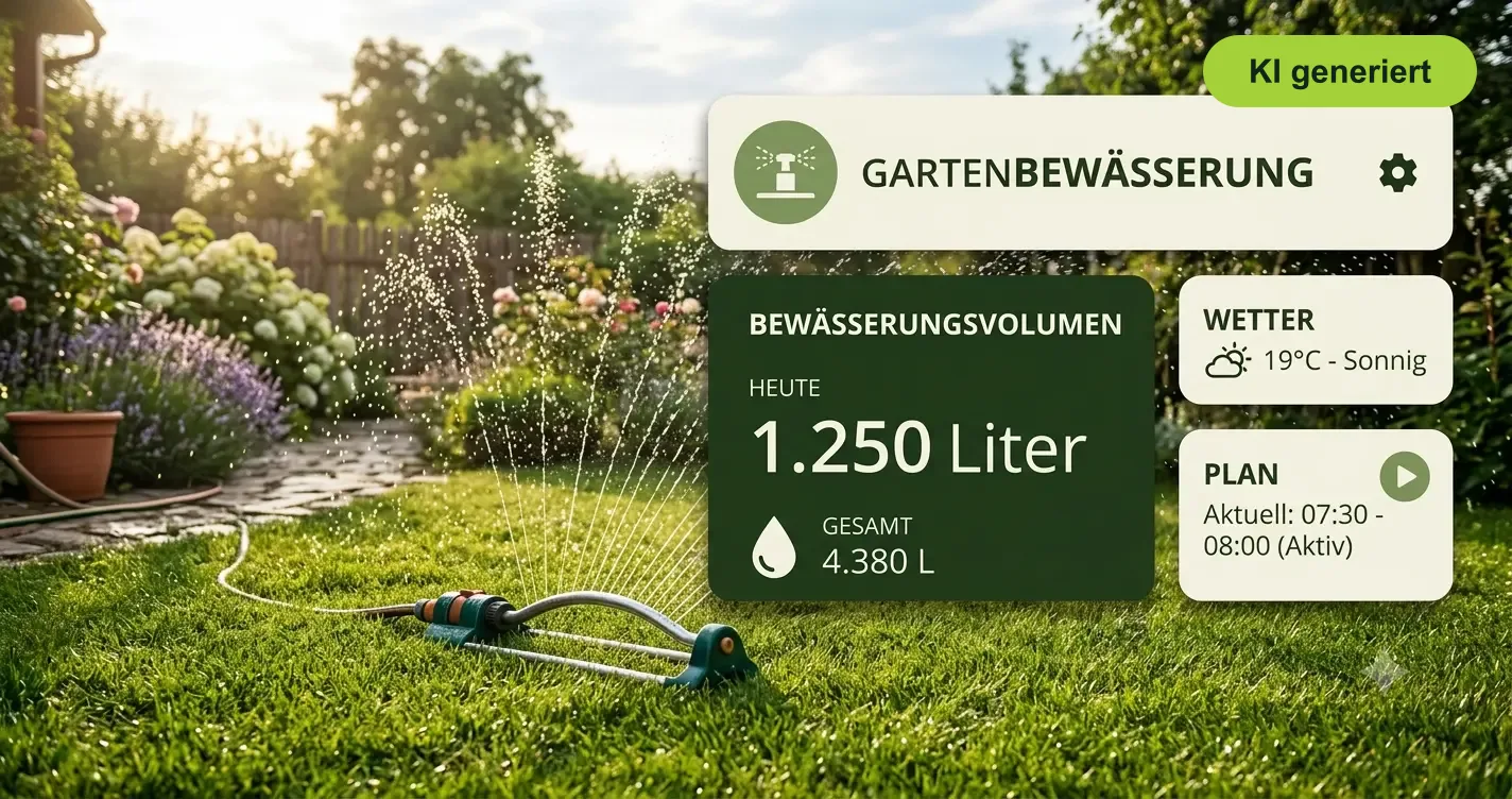 Rasenbewässerung im Garten per Sprinkler, mit Bewässerungsrechner-App, die das heutige Wasservolumen in Liter anzeigt