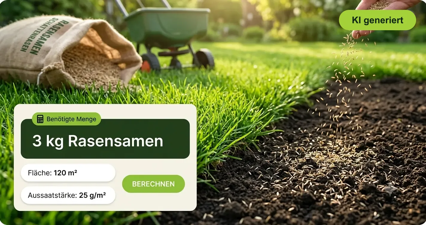 Rasensamen wird von Hand auf vorbereiteten Boden gesät, daneben ein Streuwagen und das Rechner-Ergebnis für die benötigte Saatgutmenge in Kilogramm