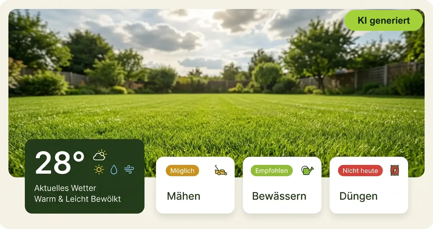 Gepflegter grüner Rasen mit Wetteranzeige und Tages-Empfehlungen zum Mähen, Wässern und Düngen