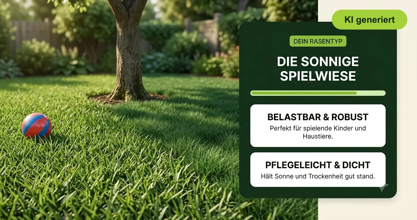 Gepflegter, robuster Rasen mit Ergebniskarte des Rasentyp-Quiz für eine belastbare, sonnige Spielwiese